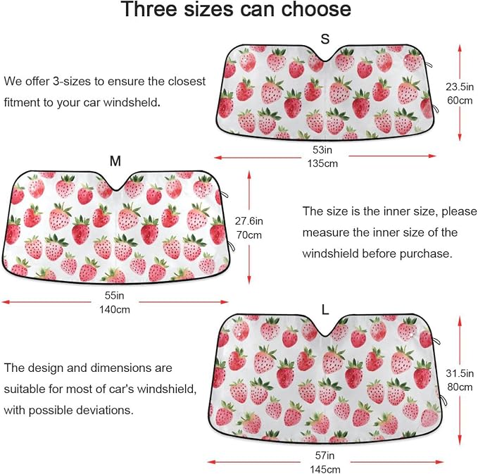 Watercolor Strawberry Windshield Sun Shade for Car Auto SUV Truck Foldable Front Window Sunshade Sun Visor Protector Block UV Rays Reflect Heat, 55" x 28"