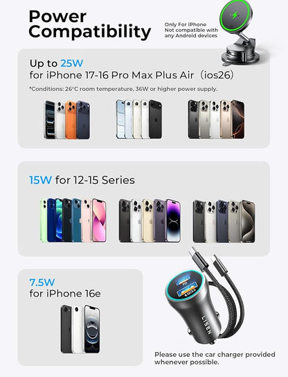 LISEN Qi2.2 25W MagSafe Car Mount Charger, Magnetic Wireless Car Charger with 54W Adapter, Magnetic Phone Holder for Car, iPhone Car Mount, Vacuum Suction Cup Phone Mount for iPhone 17 16 15 14 13 12 | [Qi2.2 25W Fast Charging] Magsafe Car Mount, [Easy...