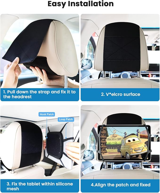 WONNIE Car Headrest Mount Holder for Tablets, Tablet Holder for Car Back Seat, Tablet Stand for Kids Fits for 7-12.9'' Devices, 4 Pack
