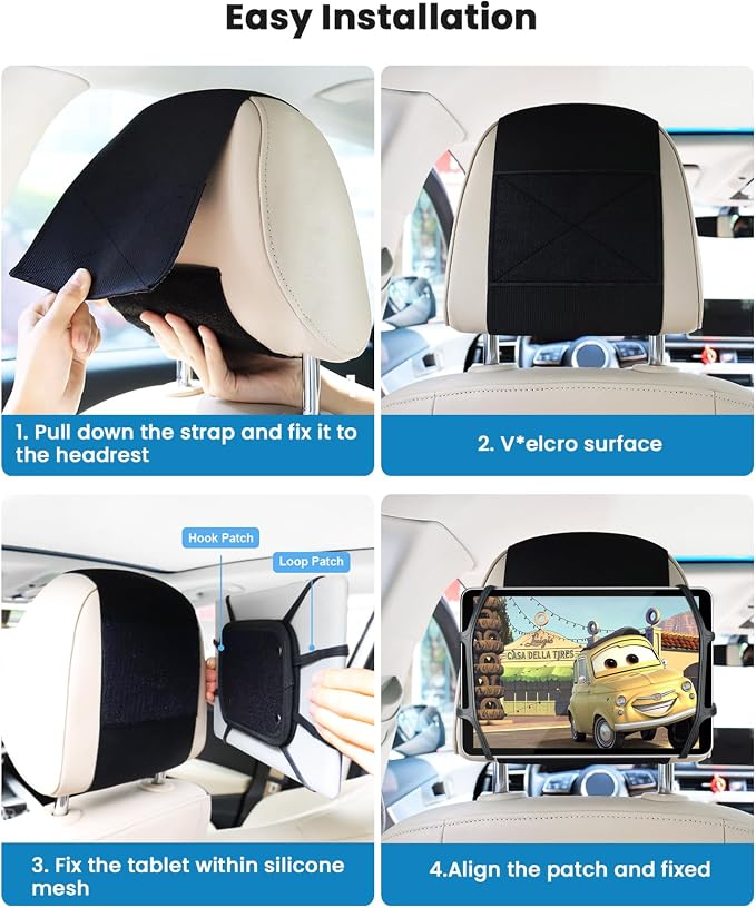 WONNIE Tablet Holder for Car, Upgraded iPad Holder for Car Mount Headrest, iPad Mount Back Seat for Kids with Anti-Slip Strap, Silicone Holding Net/Fits All 7-12.9'' Tablets