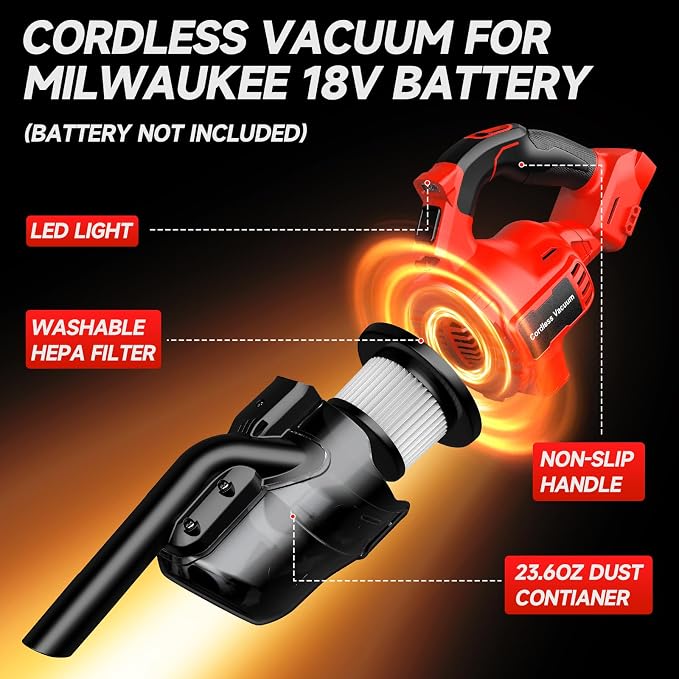 Cordless Vacuum Compatible with Milwaukee M18 Battery, Handheld Vacuum Cleaner for Home Pet Hair Car, 5-in-1 Portable Shop Vac with 2 Washable HEPA Filter, 4 Multi Nozzle (Battery Not Includ)