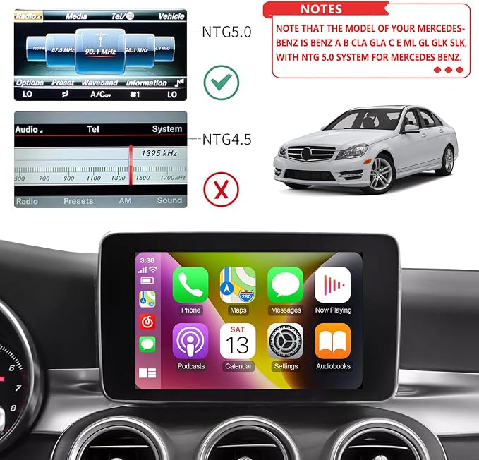Wireless Carplay/Android Auto Adapter for Mercedes Benz A B CLA GLA C E ML GL GLK SLK, with NTG 5.0 System with Bluetooth, USB, Mirroring, Camera, Voice Control for Mercedes Benz Accessories