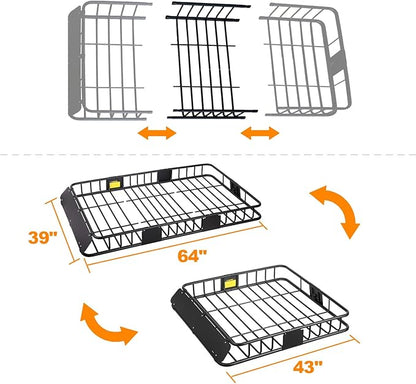 XCAR Roof Rack Basket Rooftop Cargo Carrier with Extension Black Car Top Luggage Holder 64"x 39" Universal for SUV Cars