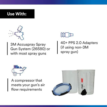 3M PPS 2.0 Spray Gun Cup, Lids and Liners Kit, 26325, Large, 28 Ounces, 125-Micron Filter, Use for Cars, Furniture, House and More, 1 Paint Cup, 50 Disposable Lids and Liners, 32 Sealing Plugs
