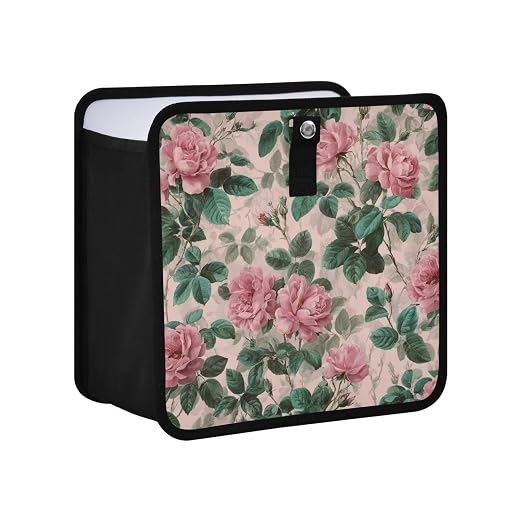 Car Trash Can Organizer Bin with Adjustable Strap for Back Front Seat Console Waterproof Leakproof Collapsible Portable 8.66 Inch Pink Vintage Roses with Leaves