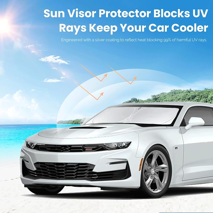 for Chevy Camaro Coupe 2024 Windshield Sun Shade Foldable Sunshade for Chevrolet Camaro Coupe 2016-2024 2025 Windshield Cover 210T Reflective Front Window Protector Blocks UV Sun Visor Car Accessorie