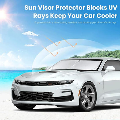 for Chevy Camaro Coupe 2024 Windshield Sun Shade Foldable Sunshade for Chevrolet Camaro Coupe 2016-2024 2025 Windshield Cover 210T Reflective Front Window Protector Blocks UV Sun Visor Car Accessorie