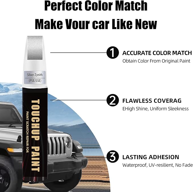 Silver Zynith(PSE/SSE) Car Paint Touch Up Pen Compatible with JEEP, 2-In-1 Color Accurate Touch Up Car Scratch Repair Paint Match JEEP Series Automotive Scratch Remover for Nicks & Chips Repair
