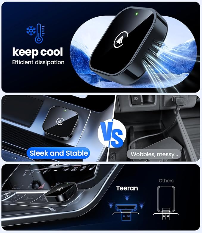 Teeran 2 in 1 Wireless CarPlay and Android Auto Adapter, Easy Setup Plug and Play, Fast Seamless Use Supports 1000+ Cars with Built-in Wired Car Play/Android Auto Compact Design Car Adapter (Black)