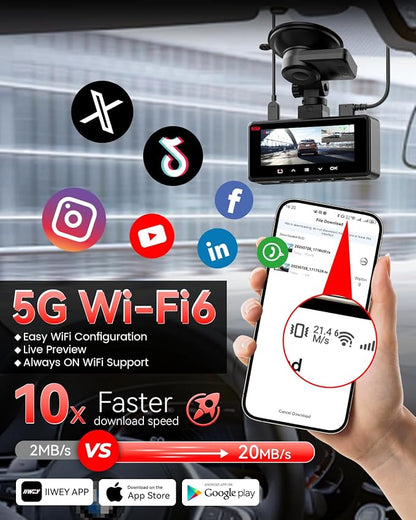 IIWEY 4K+4K Dash Cam Front and Rear, Dual STARVIS Sensor, 5G WiFi-6 (up to 20MB/s) with App, 128G SD Card Included, GPS, Dash Camera for Cars with 24/7 Parking Mode, 3.18 Inch IPS, 170° Wide Angle