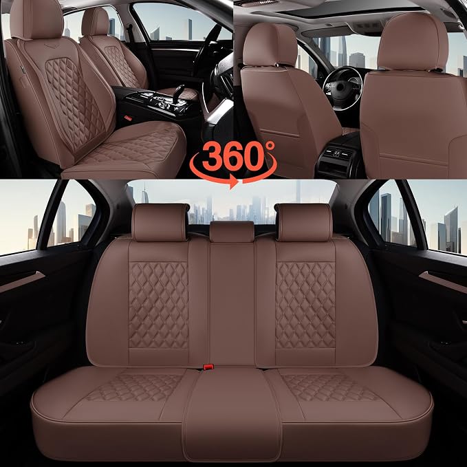 Coverado Full Set Car Seat Covers, Brown Leather Seat Protectors for Cars, Waterproof Luxury Front & Back Car Seat Covers, Universal Fit for Most Cars-Brown
