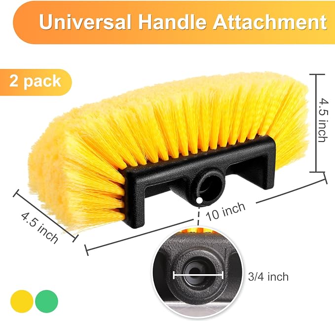 Vesici Car Wash Brush Head with Soft Detailing Bristle Flow Thru Car Cleaning Brush Exterior Car Wash Equipment for Auto Truck RV Boat Camper Washing, 10 Inch(Yellow, Green,2 Pcs)