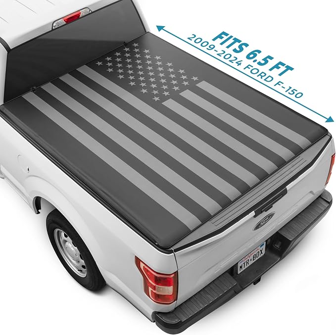 American Flag Truck Tonneau Cover for Ford F-150 2009-2026 for 6.5 ft Bed Length, All-Weather Soft Roll Truck Bed Cover for Truck Black/Gray Flag Print