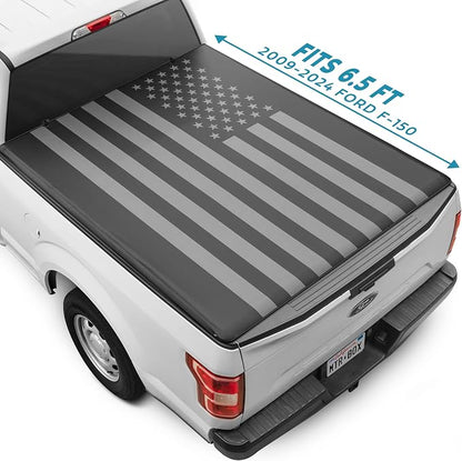American Flag Truck Tonneau Cover for Ford F-150 2009-2026 for 6.5 ft Bed Length, All-Weather Soft Roll Truck Bed Cover for Truck Black/Gray Flag Print