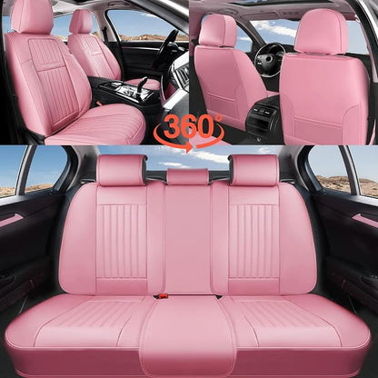Coverado Car Seat Covers Full Set, Seat Covers for Cars, Car Seat Cover, Car Seat Protector, Leather Car Seat Cushion, Waterproof Car Seat Covers Front Seats and Back Fit for Most Cars(Pink)