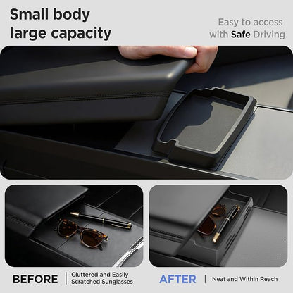 8PCS Center Console Organizer for Tesla Model Y Juniper Accessories 2026 2025 & for Tesla Model 3 Accessories 2024-2026 [Slide Smoothly & US Patent] Charging Pad Sunglasses Cup Holder Black