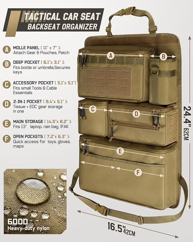 All in One Car Seat Back Organizer, Heavy Duty Molle Panel Seat Back Protector with Multi-Pockets Storage for Tools, Camping, Travel, Fit Most Cars SUV Trucks Jeeps Pickups
