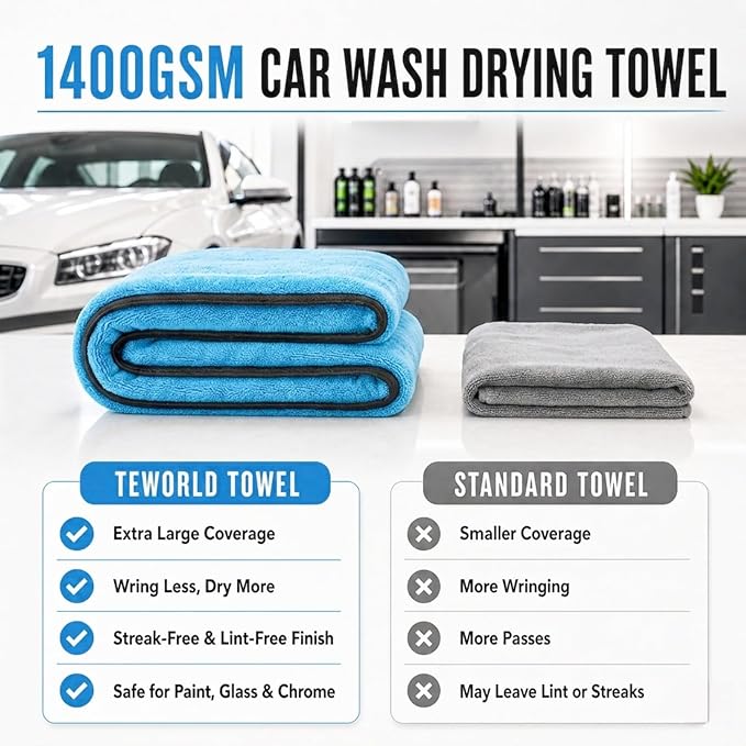 1400 GSM Car Drying Towels – XXL Microfiber Towels for Cars (48" x 24"), Ultra-Absorbent, Streak-Free, Scratch-Free, No Water Spots, Double-Twist Pile & Edgeless Design