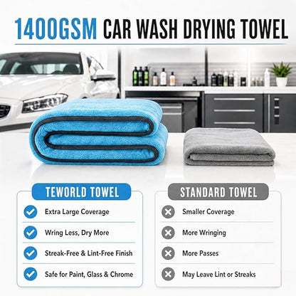 1400 GSM Car Drying Towels – XXL Microfiber Towels for Cars (48" x 24"), Ultra-Absorbent, Streak-Free, Scratch-Free, No Water Spots, Double-Twist Pile & Edgeless Design
