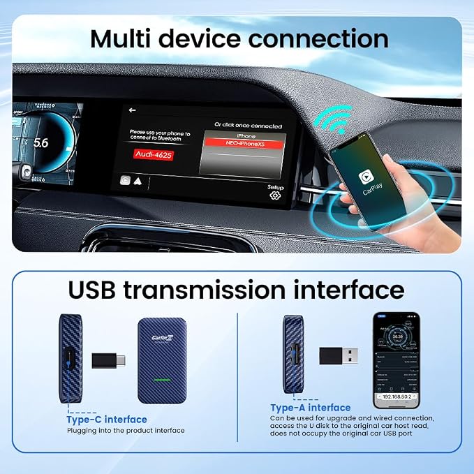 CarlinKit 4.0 CP2A Adapter for Wired CarPlay Car, 2 in 1 Convert Wired CarPlay to Wireless, Wireless Android Auto for Android 10+