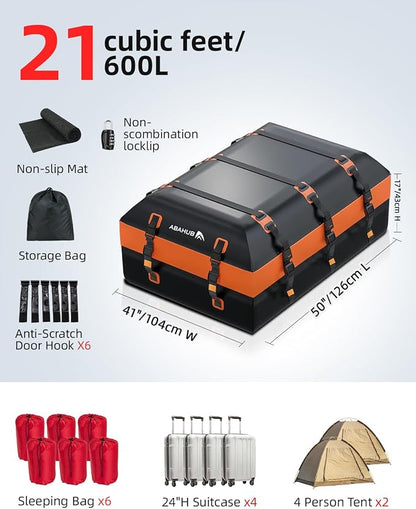 Abahub 21 Cubic Feet Waterproof 840D Large Universal Car Cargo Roof Top Carrier Bag, Car Roof Topper Storage for SUV, Van, Vehicle Travel, for All Cars with/Without Rack