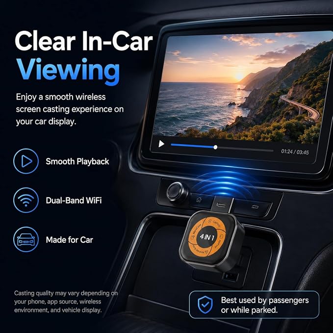 4-in-1 Wireless CarPlay & Android Auto Adapter with AirPlay & Miracast, Wireless Screen Mirroring Adapter for Factory Wired CarPlay Cars, Video Casting for iPhone & Android, Auto Reconnect
