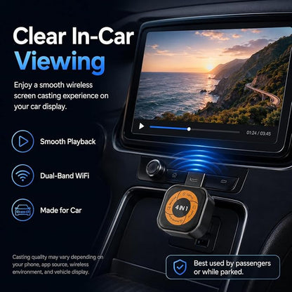 4-in-1 Wireless CarPlay & Android Auto Adapter with AirPlay & Miracast, Wireless Screen Mirroring Adapter for Factory Wired CarPlay Cars, Video Casting for iPhone & Android, Auto Reconnect