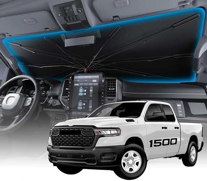 Wigoo Windshield Sun Shade Umbrella for Dodge RAM 1500/2500/3500 [100% Sun Blockage, Ice Cooling Fabric] Heat Insulation Front Window Sunshade Umbrella for Dodge RAM 1500/2500/3500 2019-2026