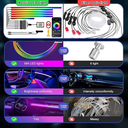 Acrylic Interior Car LED Lights with Wireless APP 6 in 1,Ambient Lighting Kits Fiber Optic Strip LEDs,16 Million Colors Music&DIY Function, Car Decorations Interior Accessories Gifts for Women Men