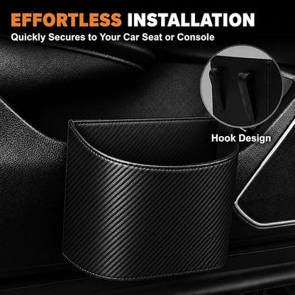 COZILO Leather Car Trash Can – Leakproof & Easy-to-Clean Car Garbage Can for Luxury Cars, SUVs & Trucks | Includes 60 Custom Liners, Secure Hook, Easy Install, Carbon Fiber