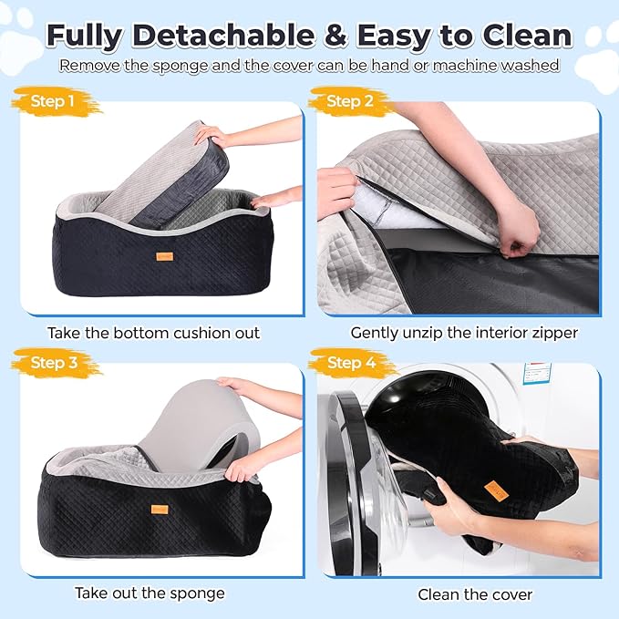 Dog Car Seat for Large Dogs up to 55lbs or 2 Small Dogs with 4" Memory Foam, Back Seat Medium Pet Booster Seat with Triple Safety Belts, Adjustable Leashes, Detachable/Washable (Black/Gray, Large)