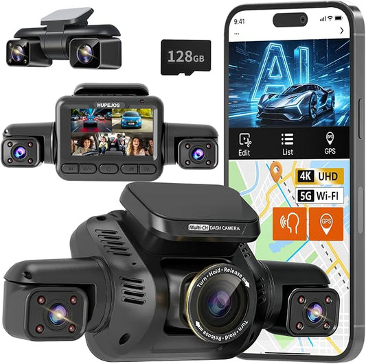 HUPEJOS 360° View 5 Channel Dash Cam Front and Rear with AI Driver Monitor System DMS, 4K Dash Camera for Cars, Built-in GPS 5G WiFi Night Vision, Free 128G Card, 24/7 Parking Monitor Mode