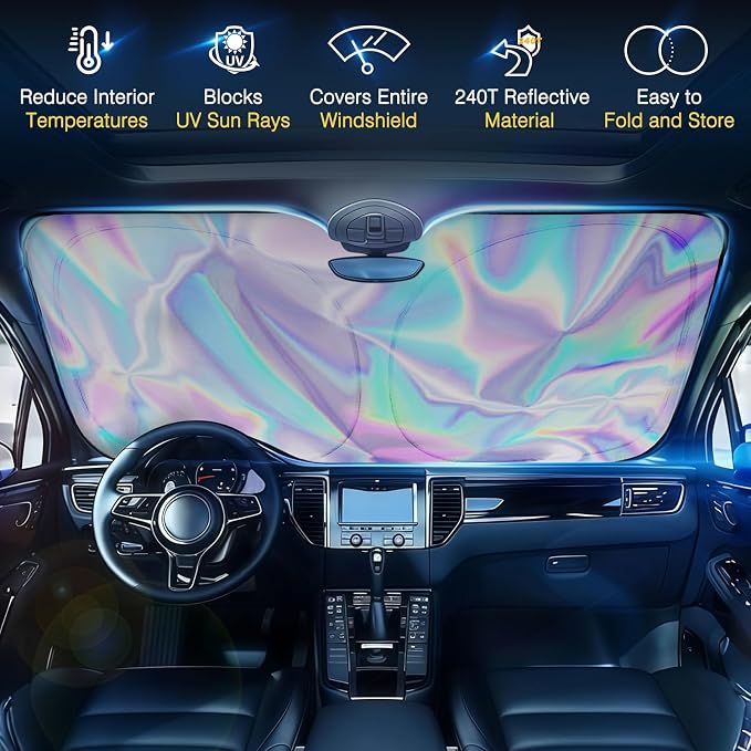 Iridescent Sun Shade for Car Windshield, Foldable Windshield Sun Shade, Universal Car Sun Shade Windshield, Upgrade Cover Sunshade Enhanced UV Rays Reflective Sun Visor Shade Keeps Vehicle Cool