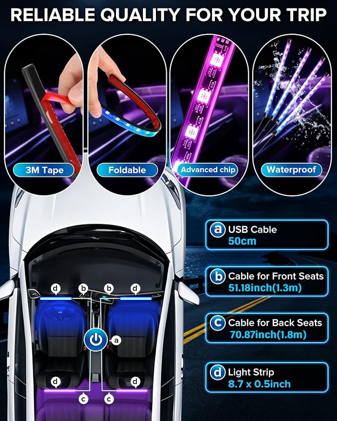 Car Interior LED Strip Lights with Smart App & Remote Control, Music Sync Under Dash Footwell Ambient Lighting Kit, 12V Cigarette Lighter Powered Internal Decor Lights for Cars, Trucks, SUVs