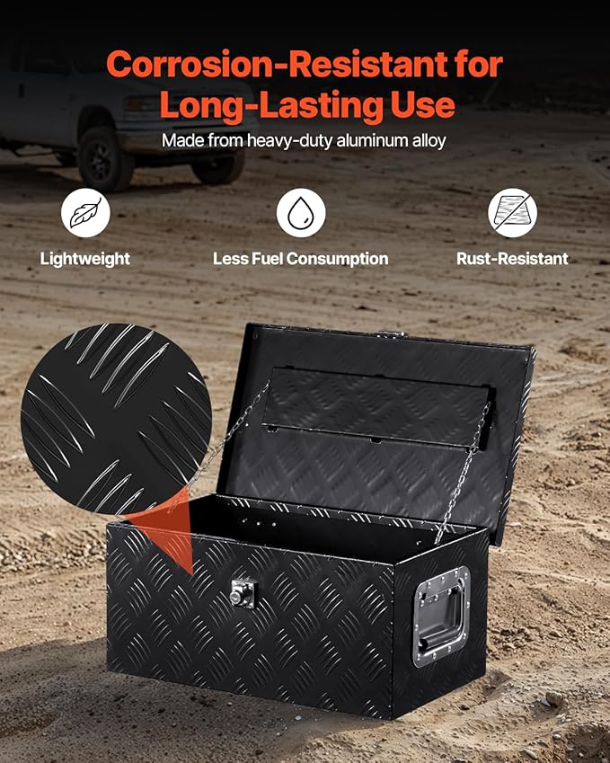 VEVOR Heavy Duty Aluminum Truck Bed Tool Box, Stripes Plated Tool Box with Side Handle and Lock Keys, Storage Toolbox Chest Organizer for Trailer, Pickup, Truck Bed, RV, 20"x12"x9.5", Black