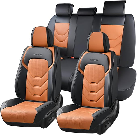 Coverado Front and Back Seat Cover, 5 Seat Leather Car Seat Covers, Black&Brown Seat Cover for Cars, Waterproof Car Seat Protector, Automotive Seat Cover, Car Seat Cushion Universal Fit for Most Cars