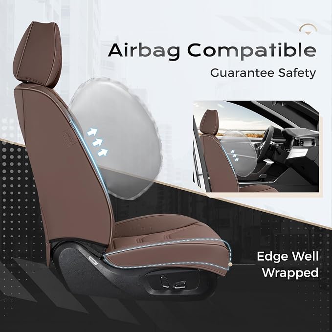 Coverado Car Seat Covers Full Sets, 5 Piece Car Seat Protector Waterproof Leather Seat Cushion Universal Fit for Truck Automotive Vehicles Brown