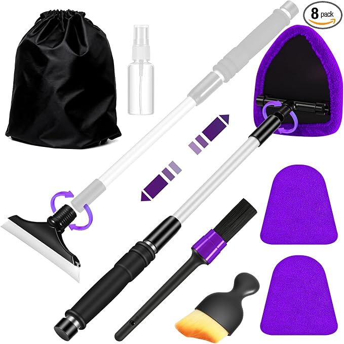 Purple Windshield Cleaner Tool, Car Interior Cleaning Kit with Extendable Handle and 3 Reusable Microfiber Pads, Auto Glass Wiper and Detailing Brush Kit for Car & Home Window