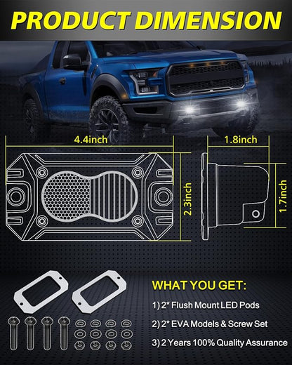 Flush Mount LED Pods, AKD Part CREE LED Flush Bumper Fog Lights 40W Driving Combo Offroad Light Backup Reverse Lights Pods Scen Camper Light for Trucks Pickup SUV UTV ATV
