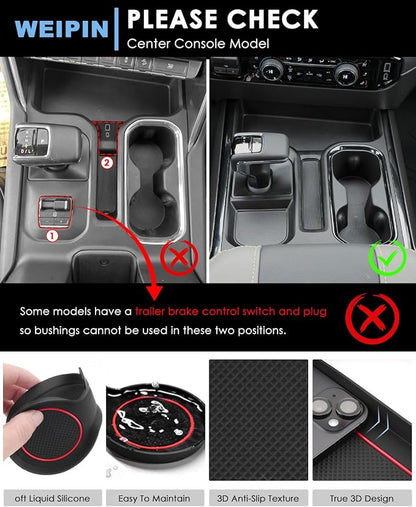 for 6PCS Refreshed Models 2022-2026 Silverado/Sierra 1500 & 2024-2026 Sierra 2500 3500 Console Liners - [3D High-Edge Liquid Silicone] 6PCS Cup Holder Mats, Full Console w/Bucket Seats ONLY - Red