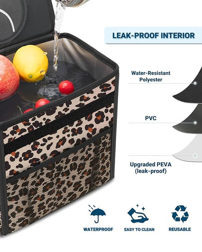 Capolo Car Trash Can with Lid, Leakproof Car Trash Bag Hanging Waterproof Automotive Garbage Can with Storage Pockets Mini Vehicle Trash Bin for Back/Front Seat(Leopard,2.5 Gallon)