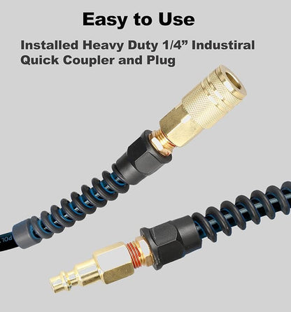 Keepro Polyurethane Recoil Air Hose, 1/4 Inch ID By 50 Feet Long Air Compressor Hose with Repairable Solid Brass 1/4" Industrial Quick Coupler and Plug, 145 PSI Maximum Pressure, Black