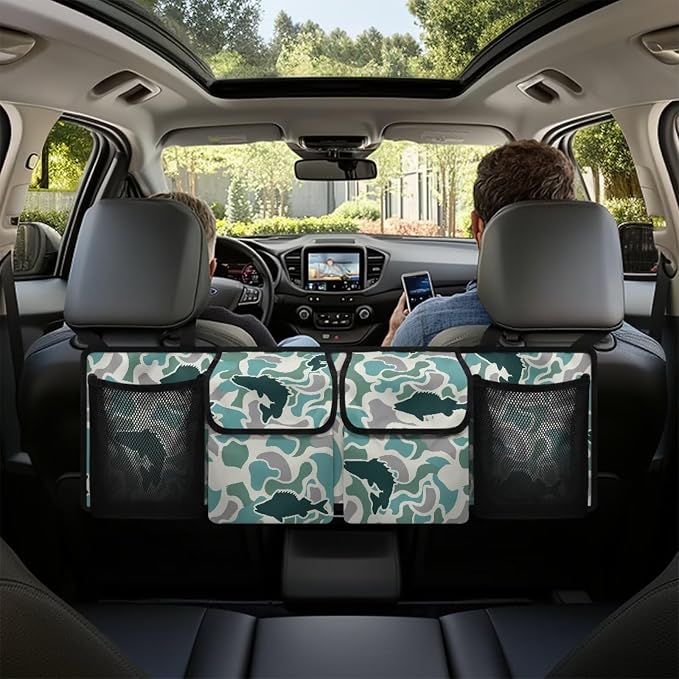 Fish Green Camo Trunk Storage Organizer Waterproof Collapsible Car Storage Bag with 4 Pockets Space Saving Car Trunk Storage Organizer with Lid for Cars Sedans SUVs