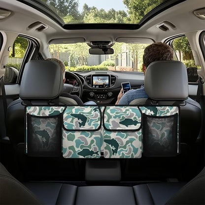Fish Green Camo Trunk Storage Organizer Waterproof Collapsible Car Storage Bag with 4 Pockets Space Saving Car Trunk Storage Organizer with Lid for Cars Sedans SUVs