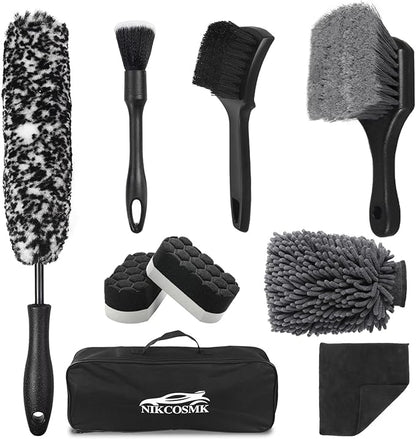 9Pcs Car Wheel & Tire Brush Kit, Wheel Cleaner Brush, Soft-bristled Rim Brush, Tire Shine Applicator Pad, Car Wash Mitt, Towel, Car Detailing Cleaning Wash Brush Supplies Kit