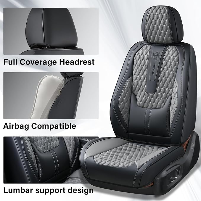 Coverado Car Seat Covers Full Set, Nappa Leather Seat Covers for Car, Waterproof Car Seat Protector with Lumbar Support, Automotive Seat Covers Universal Fit for Most Cars SUV Trucks (Black&Gray)
