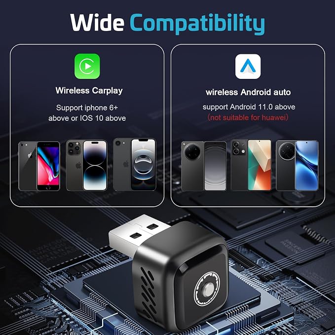 Wireless CarPlay Adapter, 2-in-1 Wireless CarPlay & Android Auto Dongle, 1-Click Multi-Device Switch, Fast Auto Reconnect, OTA Upgrade, USB‑C, for iOS 10+/Android 11+ & Factory Wired CarPlay Cars