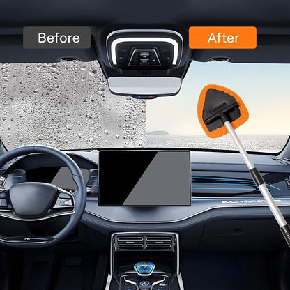 Qydipclin 10pcs Windshield Cleaner Tool, Car Window Cleaning Wash Kit with 4 Reusable Microfiber Pads 1 Spray Bottle and Extendable Handle Auto Glass Wiper Kit, Orange