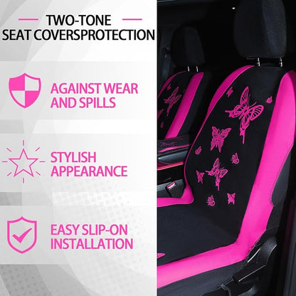 BBTO 43 Pcs Butterfly Car Seat Full Set Butterfly Car Accessories for Women 5 Front Rear Seat Covers Wrist Strap 2 Pcs Cup Mat Armrest Pad 2 Belt Xmas Cover Accessories for SUV(Rose, Black)