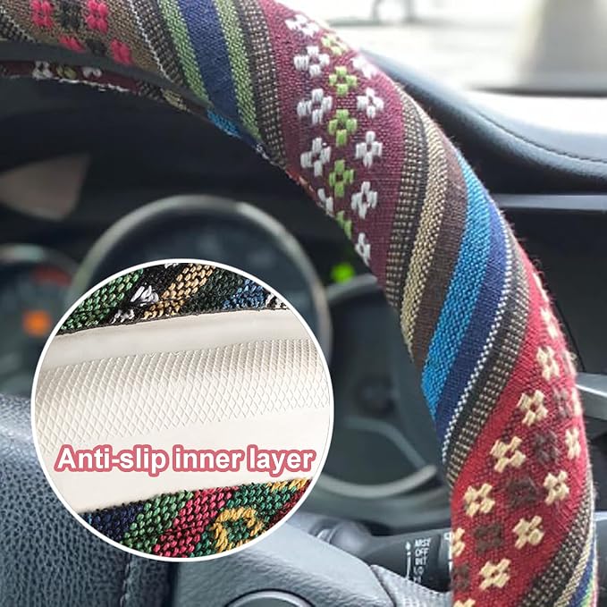 Boho Steering Wheel Cover for Women Men Baja Blanket Enthic Car Steering Wheel Cover Ethnic Car SUV Wheel Protector, Breathable, Anti-Slip, Odorless, Universal Fit 14.5-15 Inch
